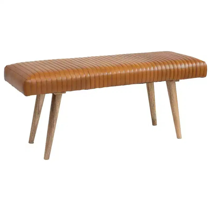 Banc quadrillé en cuir marron : Cadre en bois de manguier, assemblage par un adulte, nettoyage des taches, forme rectangulaire
