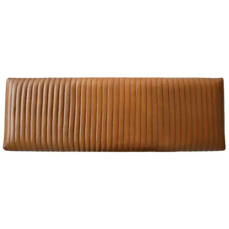 Banc quadrillé en cuir marron : Cadre en bois de manguier, assemblage par un adulte, nettoyage des taches, forme rectangulaire