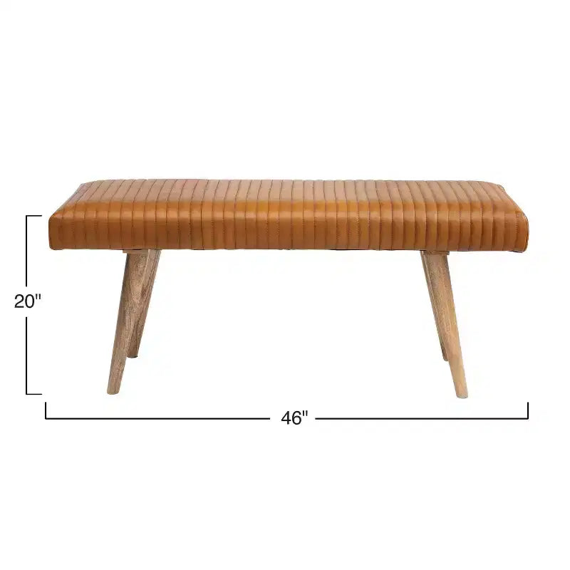 Banc quadrillé en cuir marron : Cadre en bois de manguier, assemblage par un adulte, nettoyage des taches, forme rectangulaire