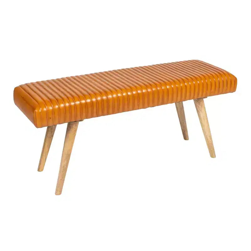 Banc quadrillé en cuir marron : Cadre en bois de manguier, assemblage par un adulte, nettoyage des taches, forme rectangulaire
