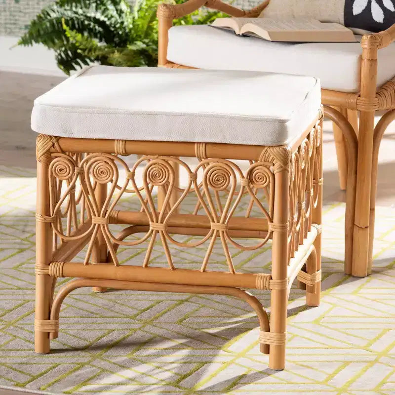 bali & pari Ibiza Rattan Footstool White/Light Honey: Upholstered Polyester, No Assembly Required
