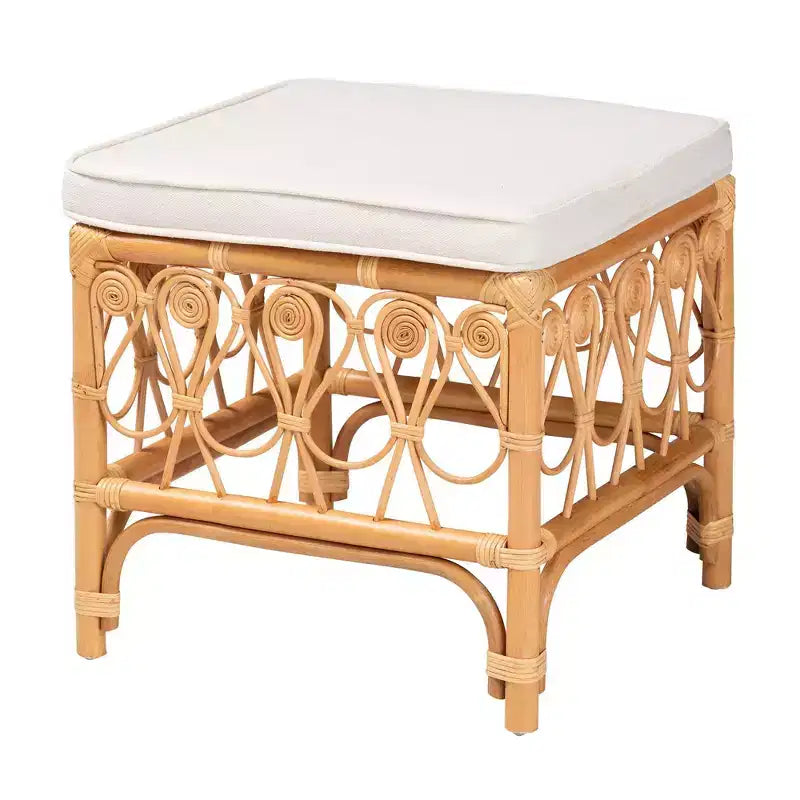 Repose-pieds en rotin Blanc/Miel clair : Polyester capitonné, Aucun assemblage requis