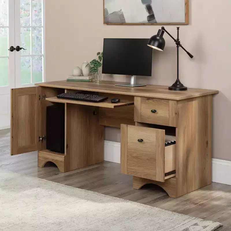 Bureau d'ordinateur en chêne Timber : Meuble de bureau de style vintage avec tiroir de rangement et cadre en MDF