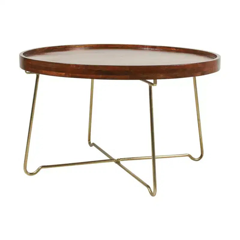 East at Main 32.38" Round Coffee Table Natural/Gold: Mango Wood Top, Criss Cross Brass Base, No Assembly Required
