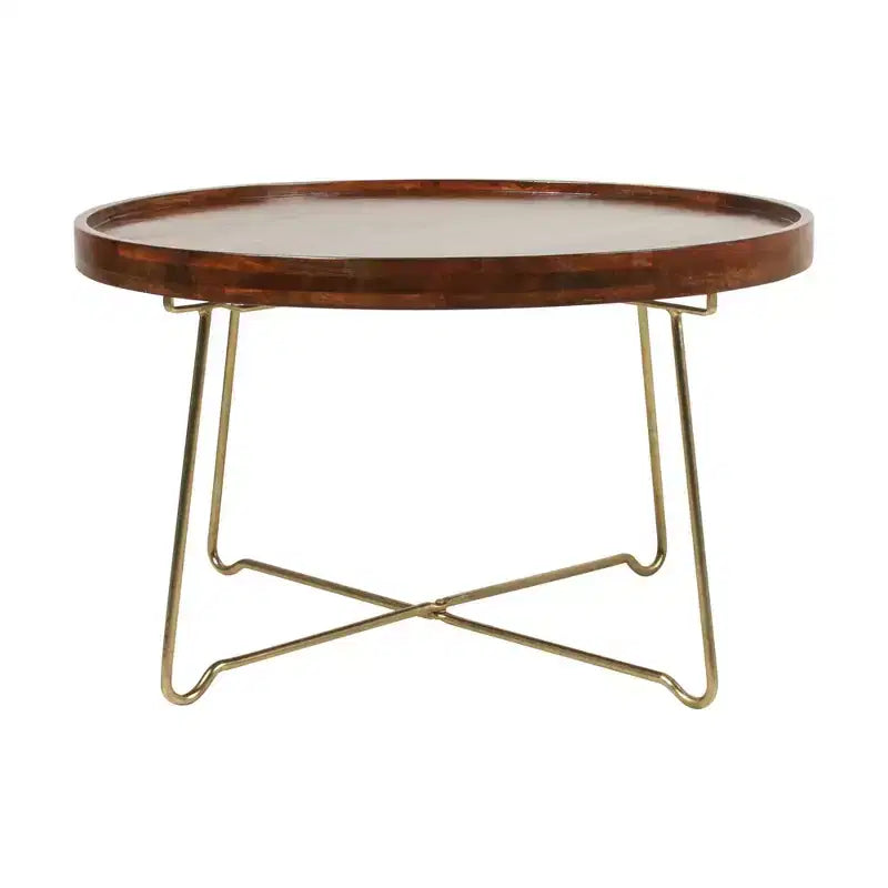 Table basse ronde naturel/doré : Plateau en bois de manguier, piètement en laiton entrecroisé, aucun assemblage requis