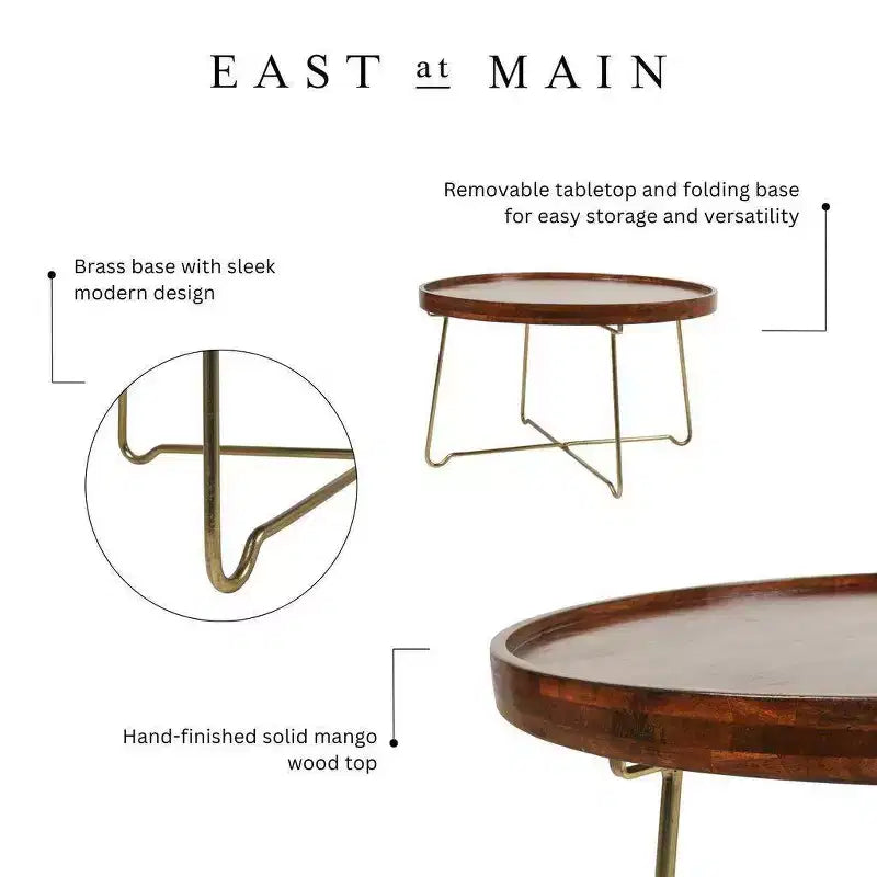 Table basse ronde naturel/doré : Plateau en bois de manguier, piètement en laiton entrecroisé, aucun assemblage requis