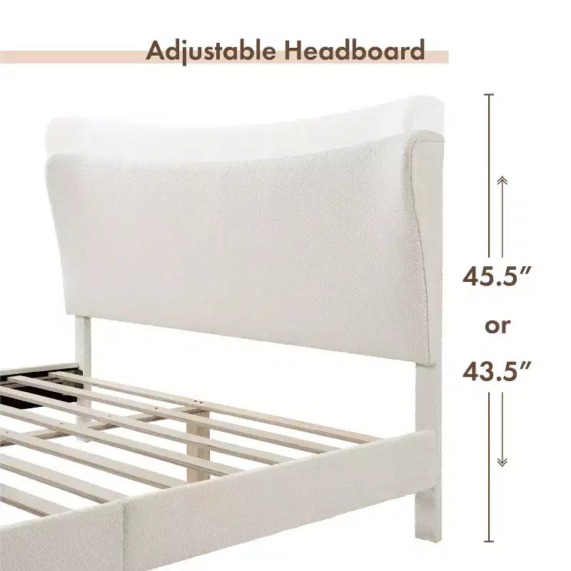 Lit plateforme capitonné en bouclette moderne avec oreilles Blanc