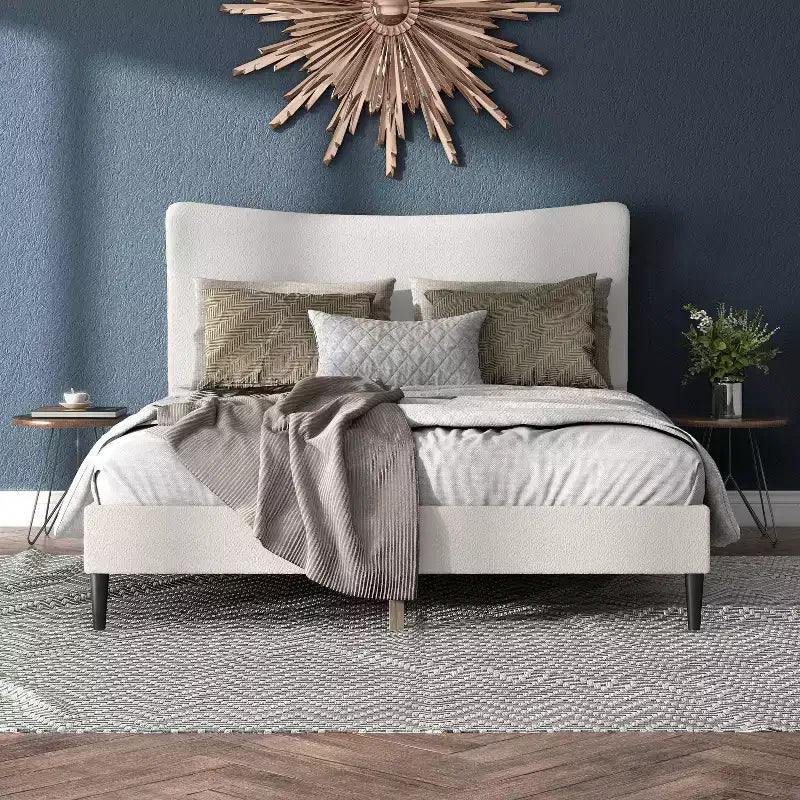 Lit plateforme capitonné en bouclette moderne avec oreilles Blanc