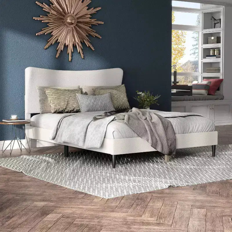 Lit plateforme capitonné en bouclette moderne avec oreilles Blanc