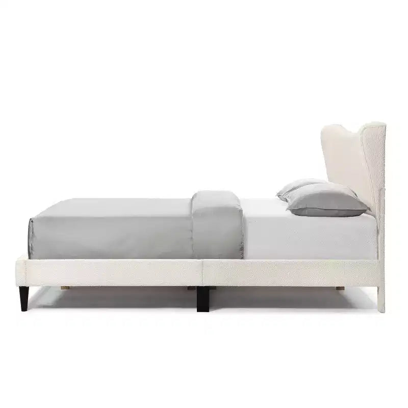 Lit plateforme capitonné en bouclette moderne avec oreilles Blanc