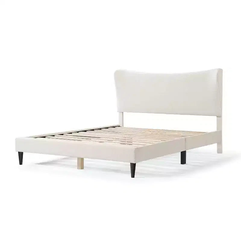 Lit plateforme capitonné en bouclette moderne avec oreilles Blanc