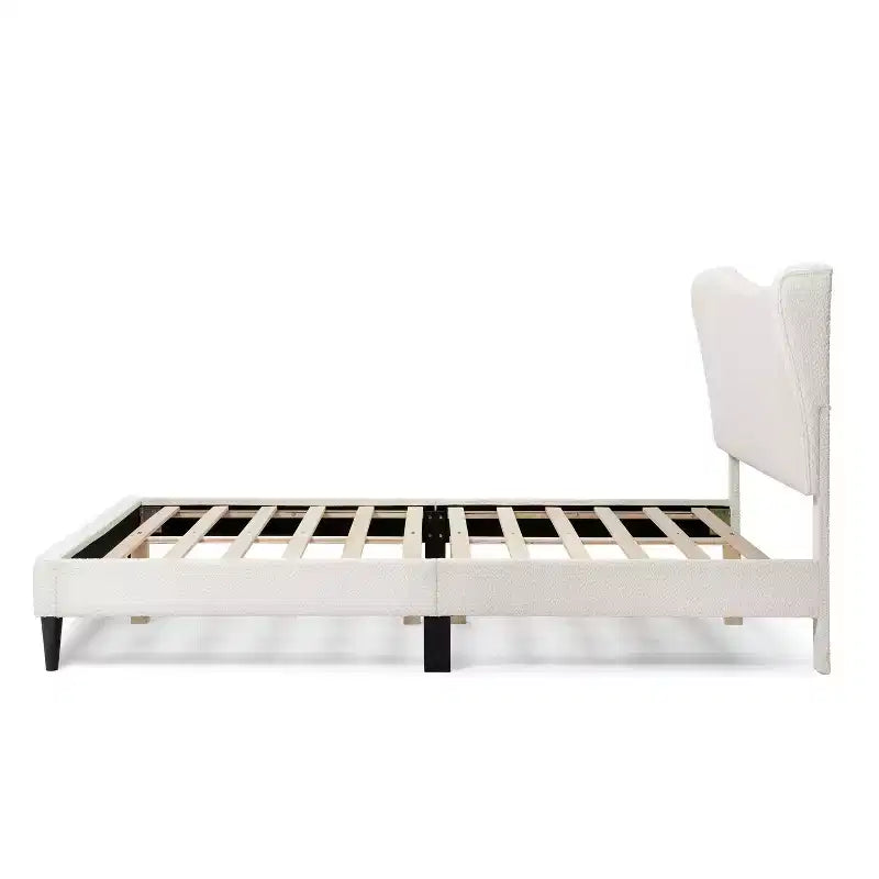 Lit plateforme capitonné en bouclette moderne avec oreilles Blanc