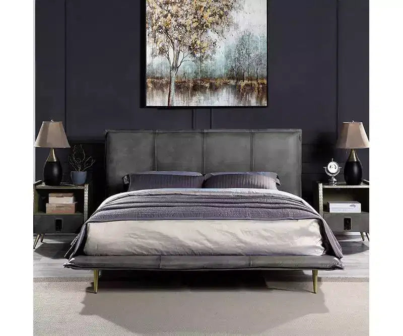 Lit en cuir pleine fleur gris : style industriel moderne, pieds en métal, rembourrage moelleux