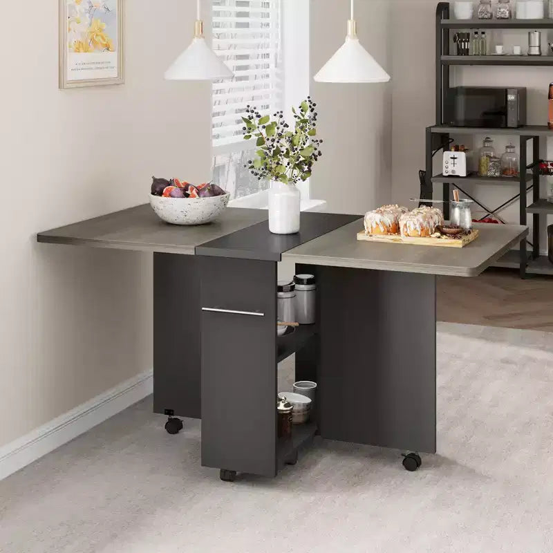 Garvee Folding Dining Table with 2 Storage Racks, Drop Leaf, 6 Wheels, Multifunction Expandable Table for Kitchen, Bedroom, Living Room
