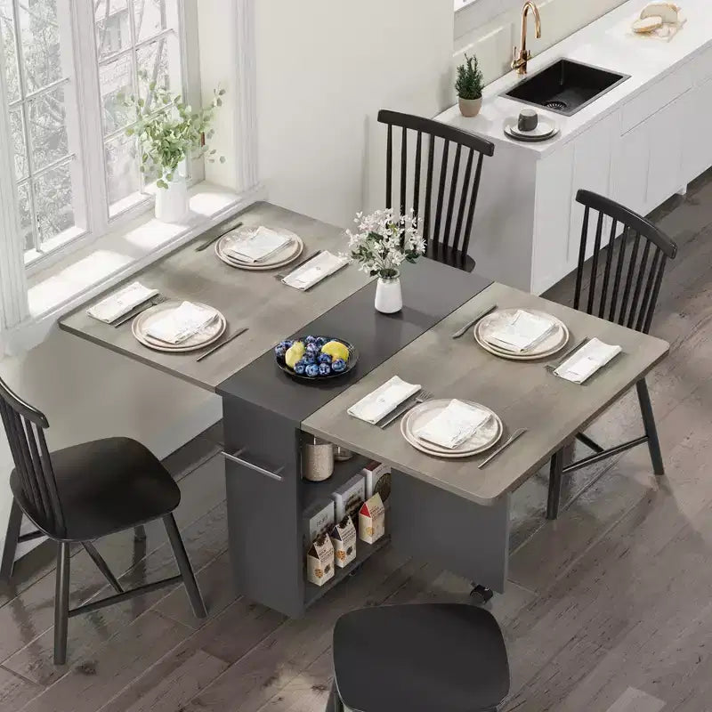 Table à manger pliante avec 2 étagères de rangement, abattants, 6 roulettes, table extensible multifonction pour cuisine, chambre, salon