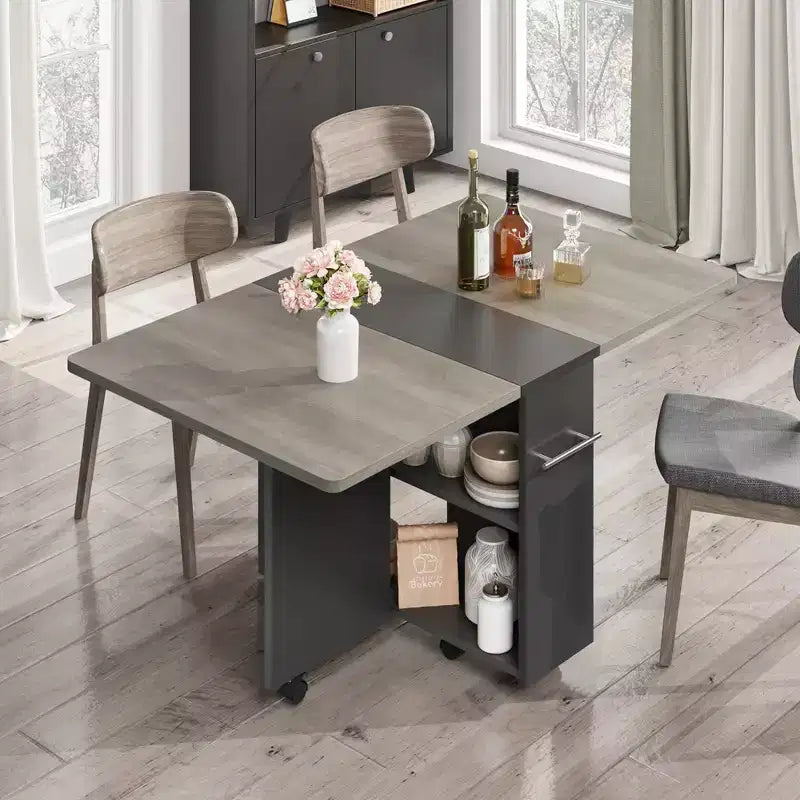 Table à manger pliante avec 2 étagères de rangement, abattants, 6 roulettes, table extensible multifonction pour cuisine, chambre, salon