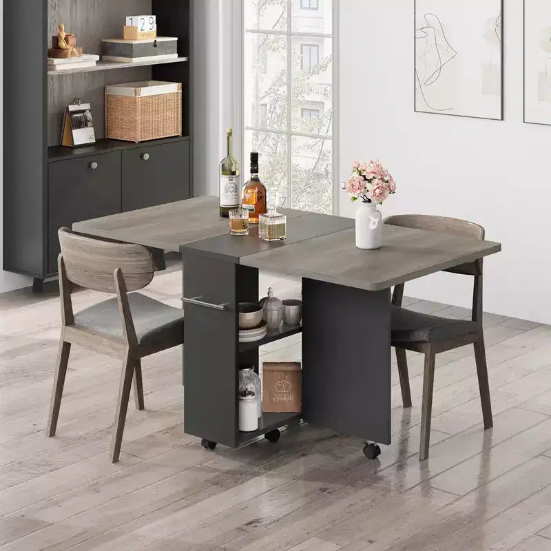 Table à manger pliante avec 2 étagères de rangement, abattants, 6 roulettes, table extensible multifonction pour cuisine, chambre, salon