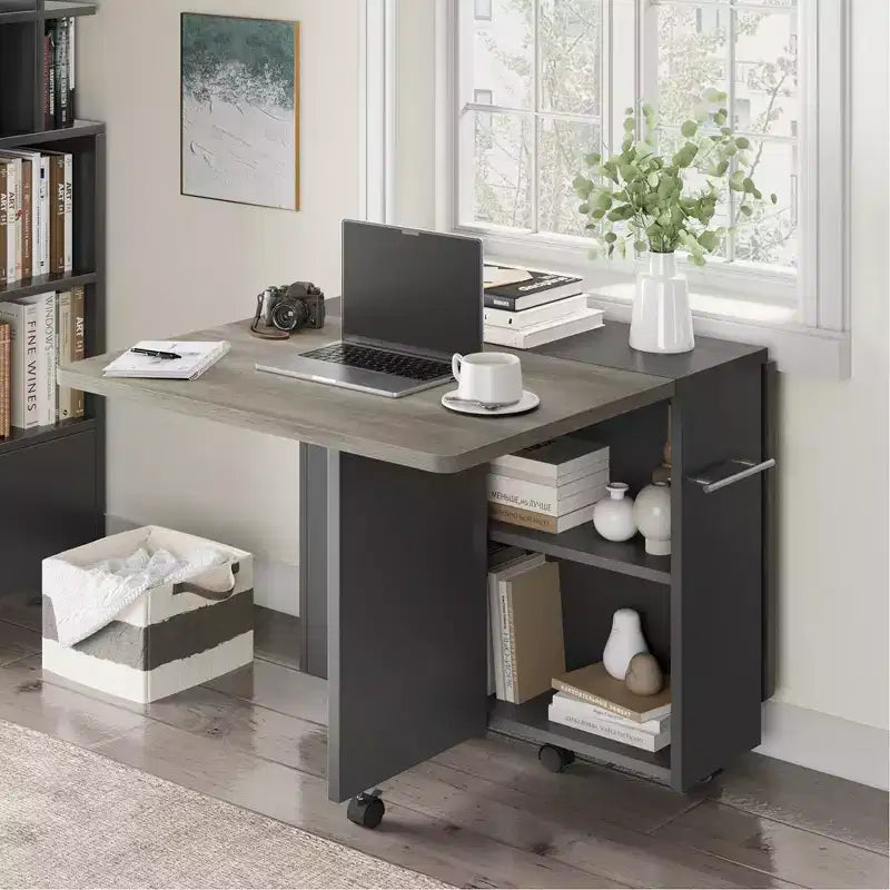 Table à manger pliante avec 2 étagères de rangement, abattants, 6 roulettes, table extensible multifonction pour cuisine, chambre, salon