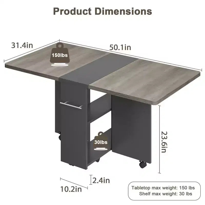 Table à manger pliante avec 2 étagères de rangement, abattants, 6 roulettes, table extensible multifonction pour cuisine, chambre, salon