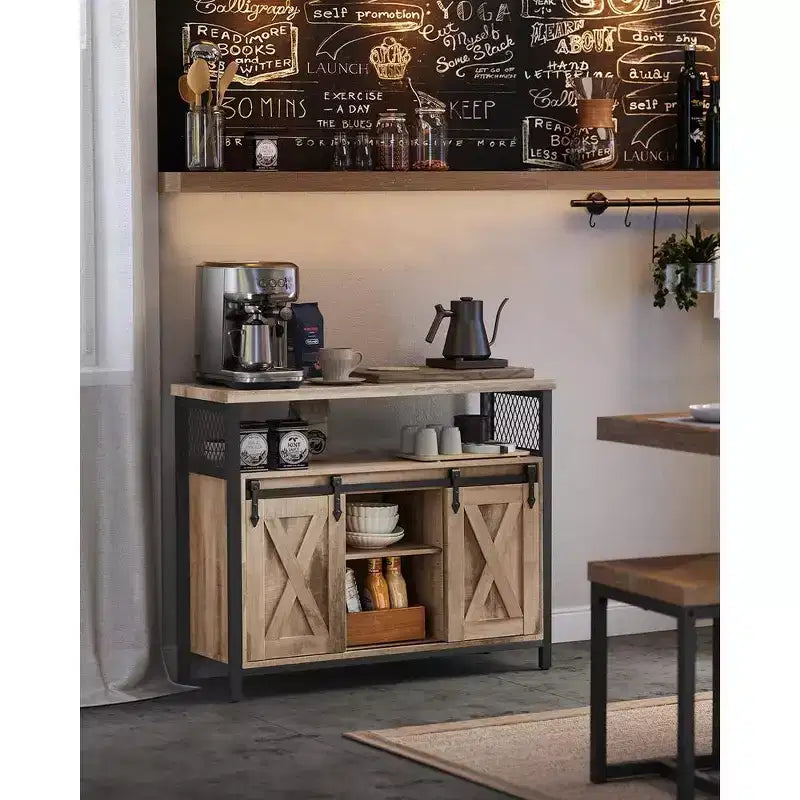 Buffet de rangement, commode, buffet avec 2 portes coulissantes de grange, étagères réglables
