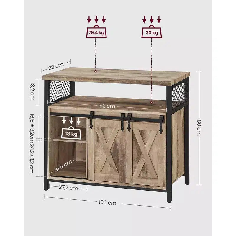 Buffet de rangement, commode, buffet avec 2 portes coulissantes de grange, étagères réglables