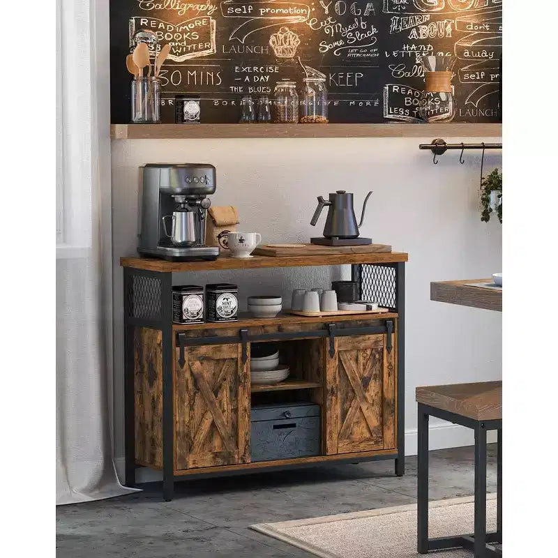 Buffet de rangement, commode, buffet avec 2 portes coulissantes de grange, étagères réglables