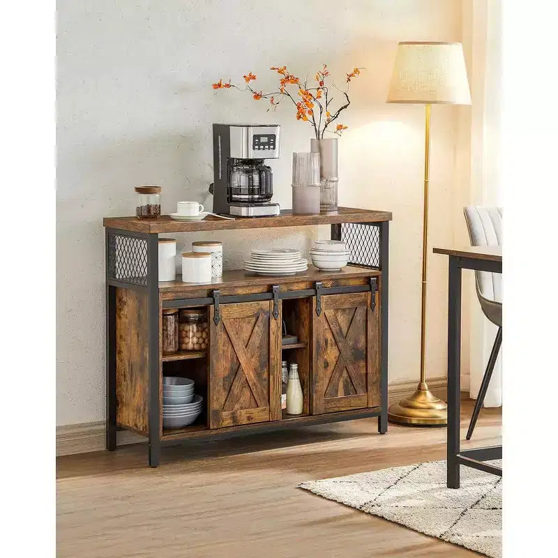 Buffet de rangement, commode, buffet avec 2 portes coulissantes de grange, étagères réglables