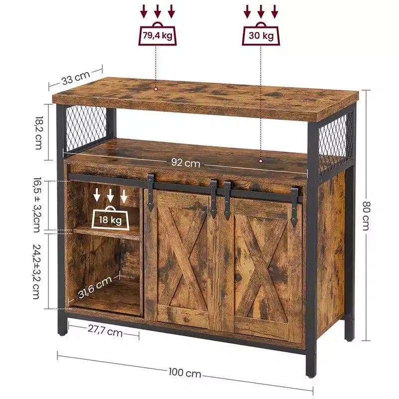 Buffet de rangement, commode, buffet avec 2 portes coulissantes de grange, étagères réglables