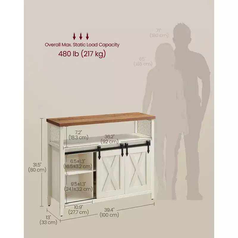 Buffet de rangement, commode, buffet avec 2 portes coulissantes de grange, étagères réglables