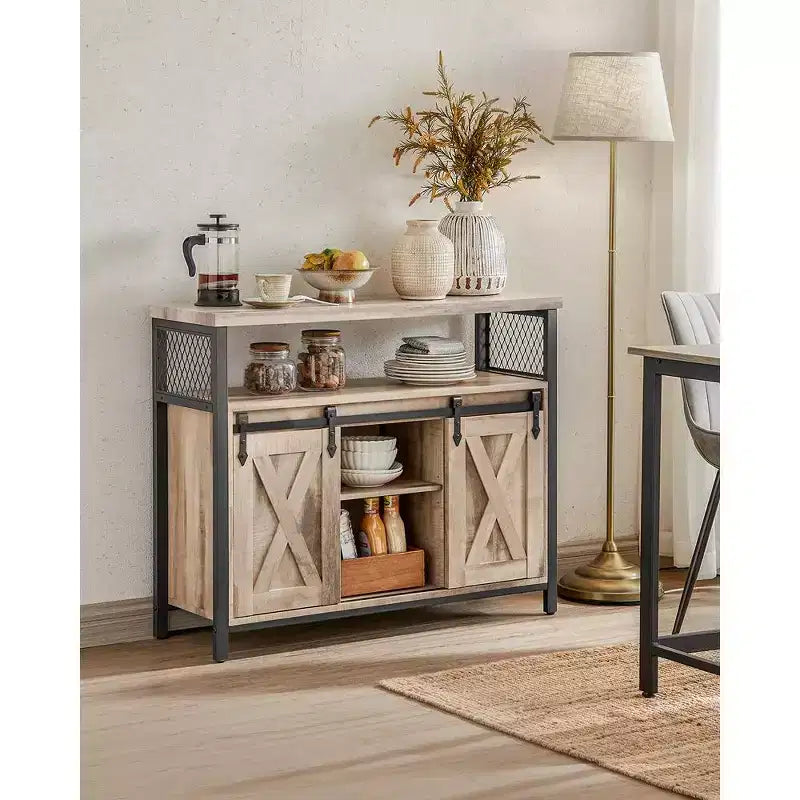Buffet de rangement, commode, buffet avec 2 portes coulissantes de grange, étagères réglables
