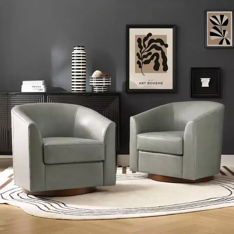 Lot de 2 fauteuils baril pivotants à 360 degrés en cuir véritable avec base en bois massif
