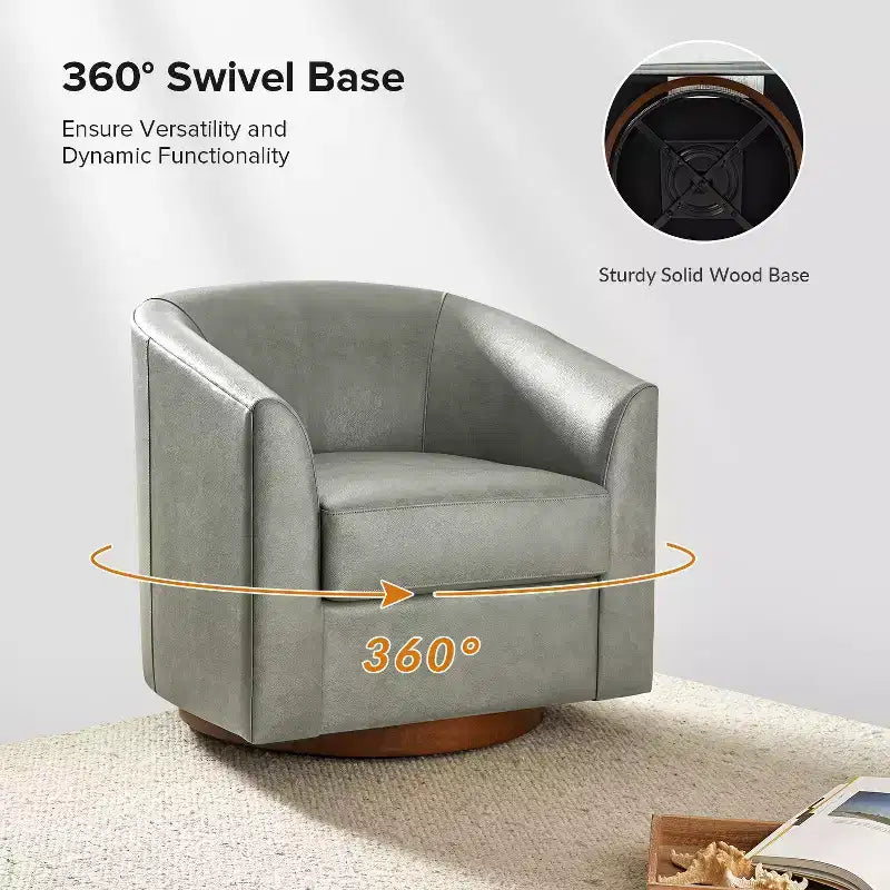 Lot de 2 fauteuils baril pivotants à 360 degrés en cuir véritable avec base en bois massif