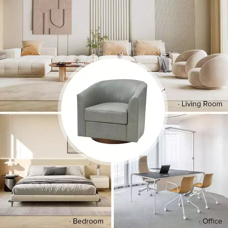 Lot de 2 fauteuils baril pivotants à 360 degrés en cuir véritable avec base en bois massif