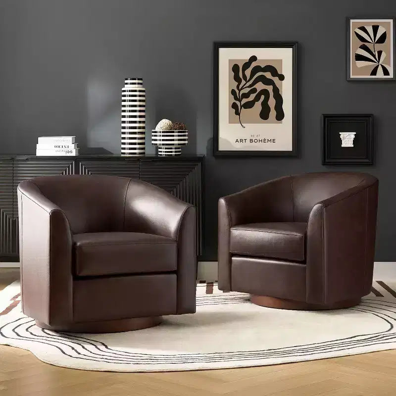 Lot de 2 fauteuils baril pivotants à 360 degrés en cuir véritable avec base en bois massif
