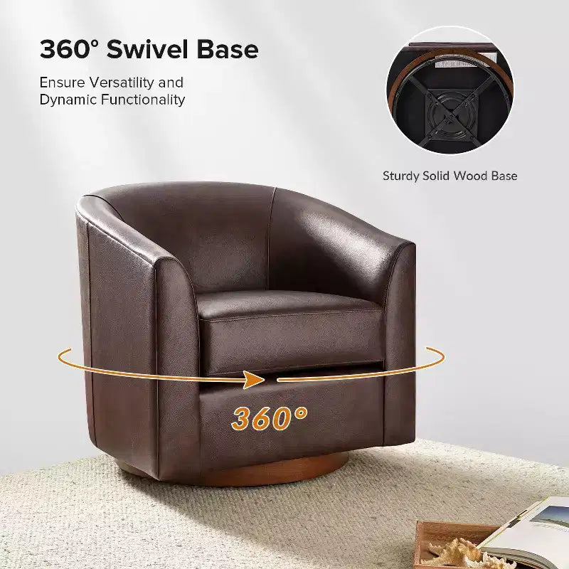 Lot de 2 fauteuils baril pivotants à 360 degrés en cuir véritable avec base en bois massif