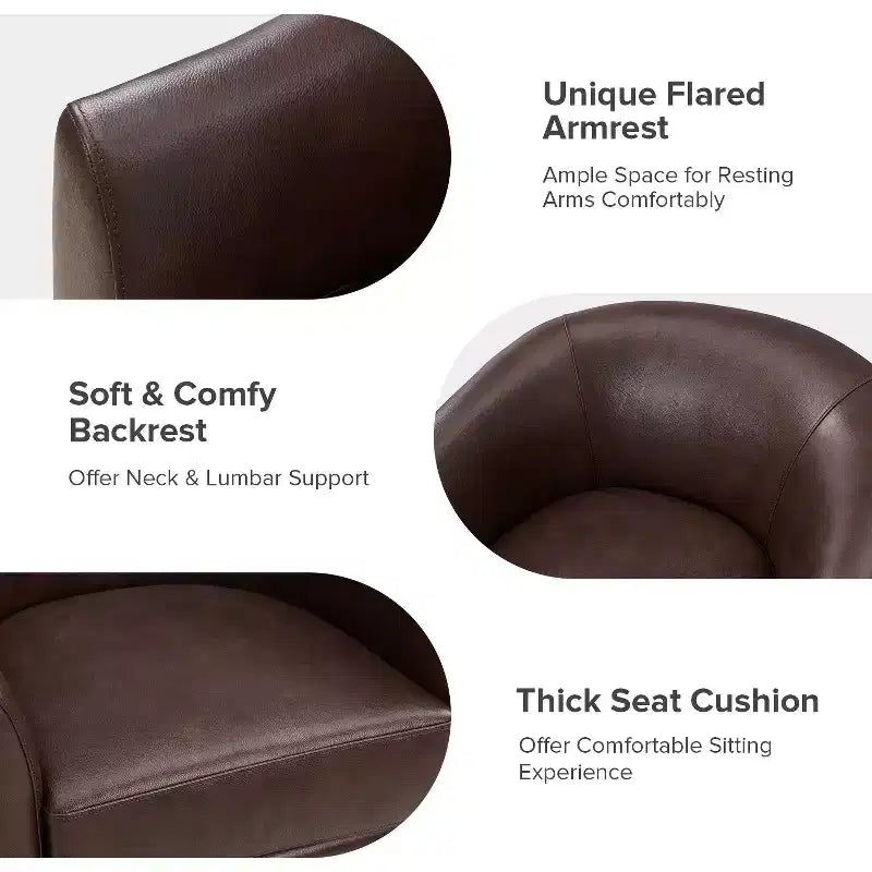Lot de 2 fauteuils baril pivotants à 360 degrés en cuir véritable avec base en bois massif