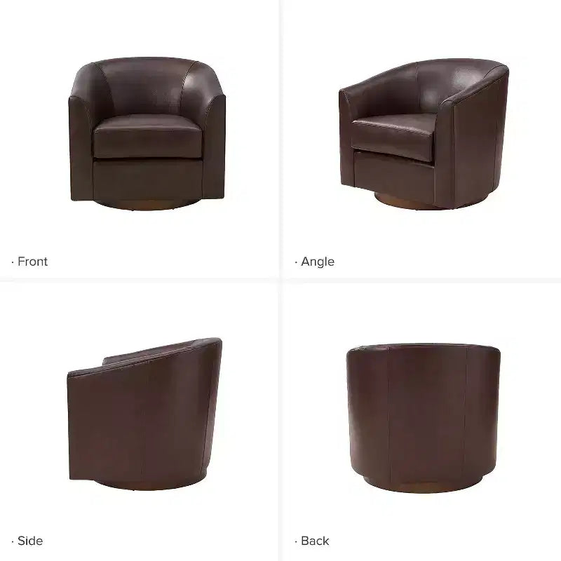 Lot de 2 fauteuils baril pivotants à 360 degrés en cuir véritable avec base en bois massif