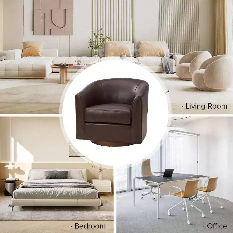 Lot de 2 fauteuils baril pivotants à 360 degrés en cuir véritable avec base en bois massif