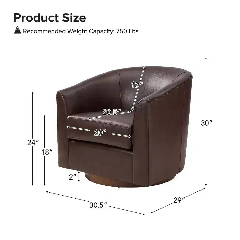 Lot de 2 fauteuils baril pivotants à 360 degrés en cuir véritable avec base en bois massif