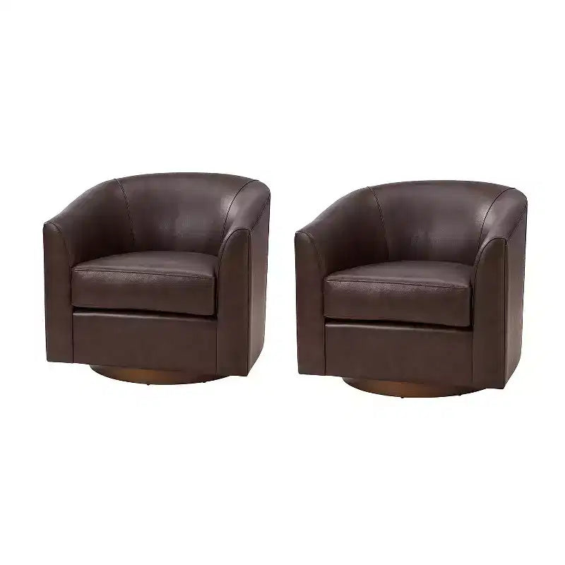 Lot de 2 fauteuils baril pivotants à 360 degrés en cuir véritable avec base en bois massif
