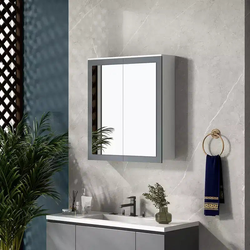 Miroir de salle de bain avec armoire de rangement et 2 étagères réglables, miroir de courtoisie mural, blanc