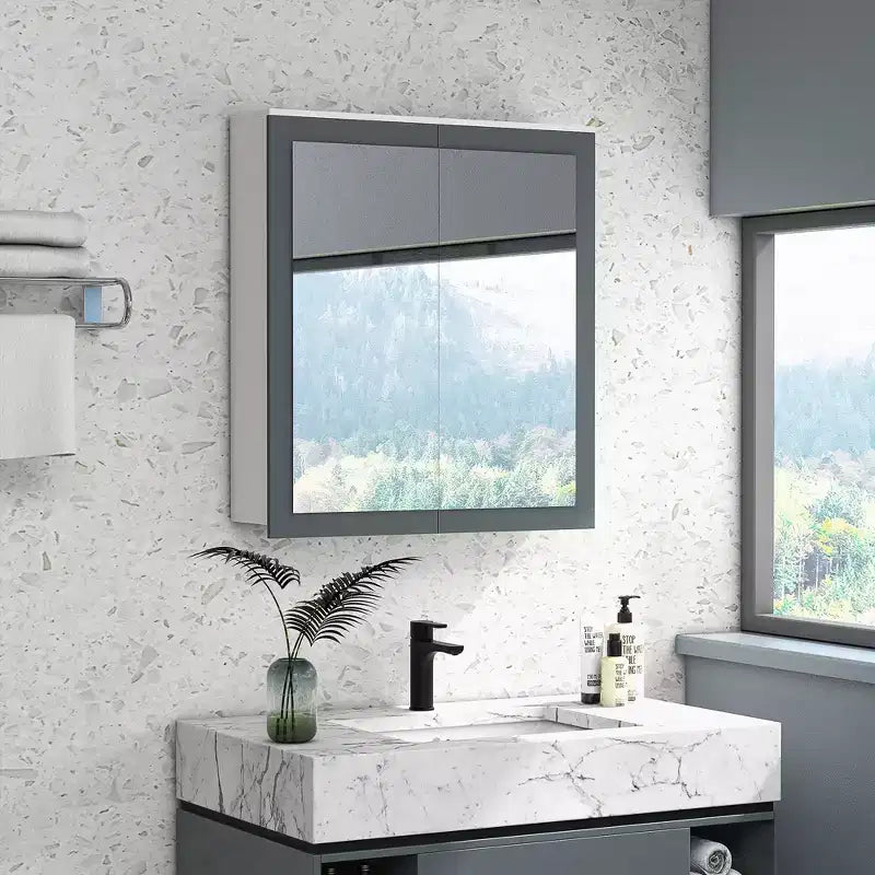 Miroir de salle de bain avec armoire de rangement et 2 étagères réglables, miroir de courtoisie mural, blanc