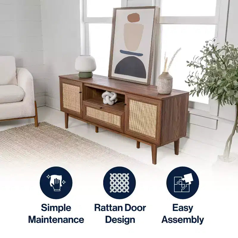 Meuble TV de ferme de 59 po en rotin avec tiroir et portes de rangement, convient aux téléviseurs jusqu'à 65 po, avec gestion des câbles
