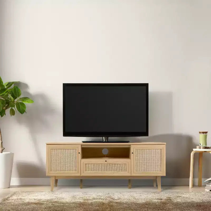 Meuble TV de ferme de 59 po en rotin avec tiroir et portes de rangement, convient aux téléviseurs jusqu'à 65 po, avec gestion des câbles