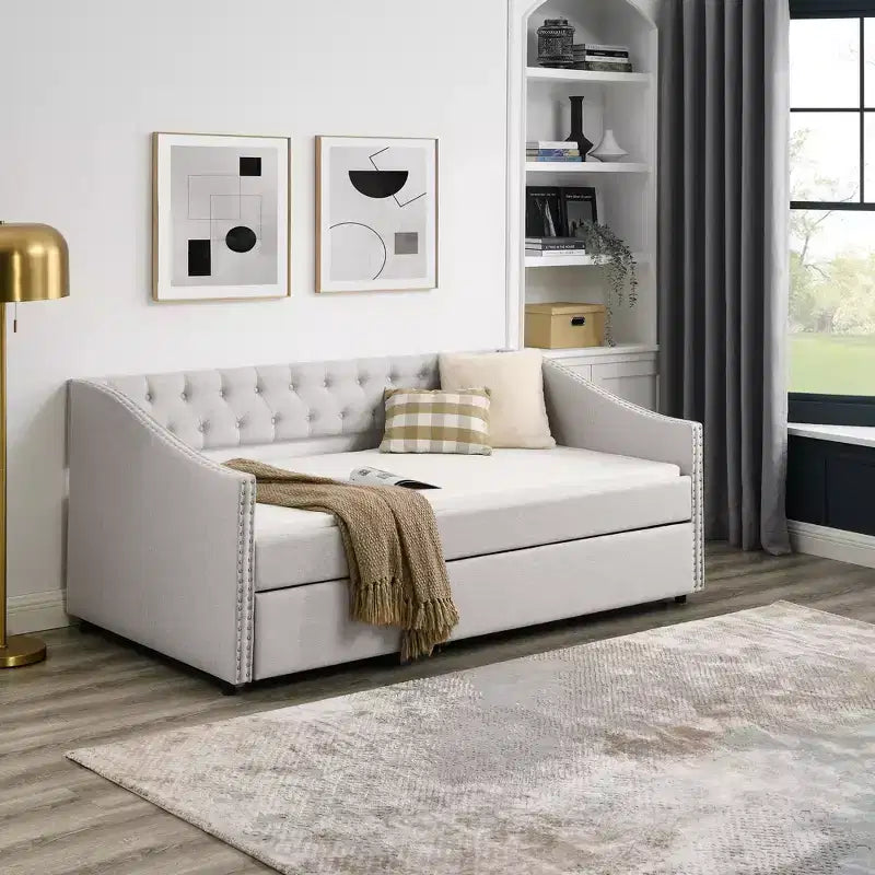 Twin/Full Size Daybed with Trundle, Upholstered Tufted Sofa Bed with Button and Waved Shape Arms - ModernLuxe