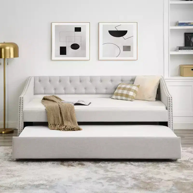 Lit de repos double avec lit gigogne, canapé-lit capitonné avec boutons et accoudoirs en forme de vague