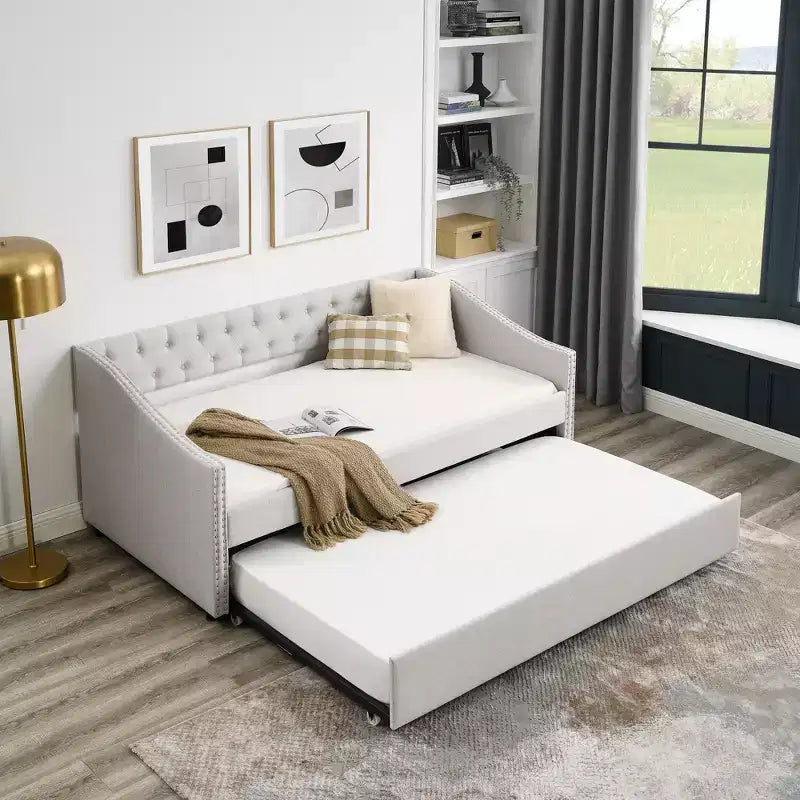 Lit de repos double avec lit gigogne, canapé-lit capitonné avec boutons et accoudoirs en forme de vague