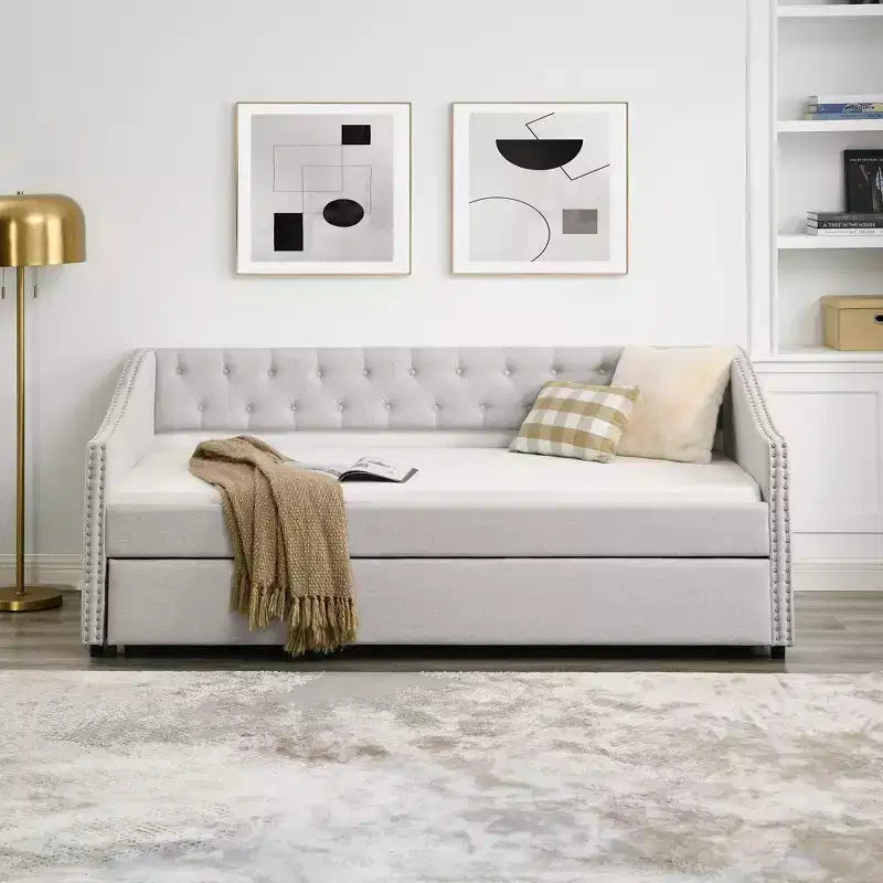 Lit de repos double avec lit gigogne, canapé-lit capitonné avec boutons et accoudoirs en forme de vague