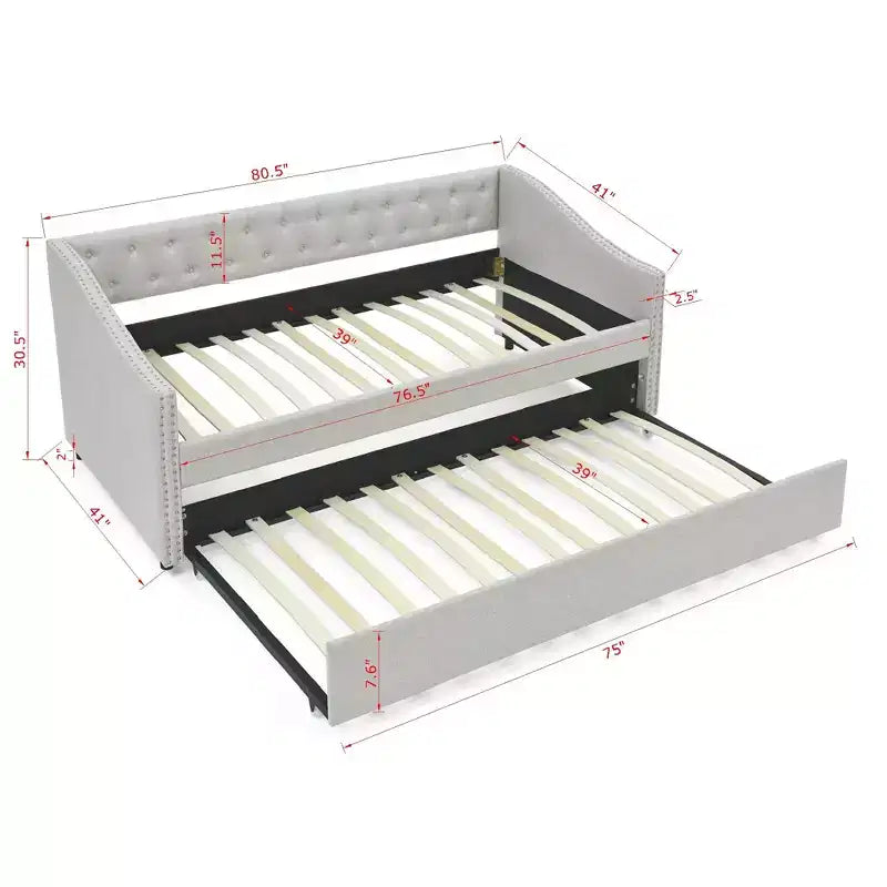 Lit de repos double avec lit gigogne, canapé-lit capitonné avec boutons et accoudoirs en forme de vague