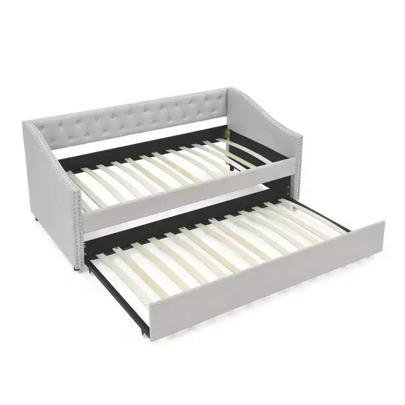 Lit de repos double avec lit gigogne, canapé-lit capitonné avec boutons et accoudoirs en forme de vague